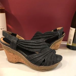 Black Linen Wedge Sandals w Cork Heel, sz 6.5 wide